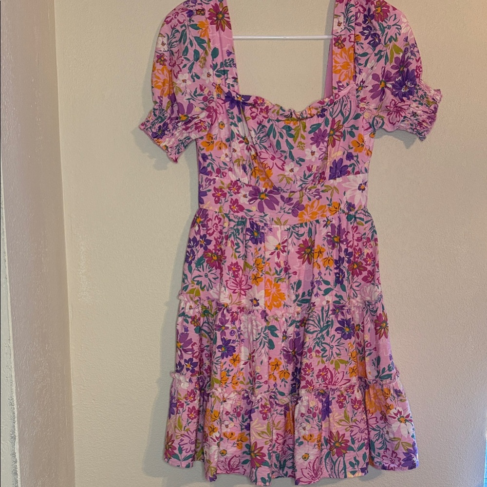 Blu Pepper Pink Floral Smocked Neck Puff Sleeve Dress